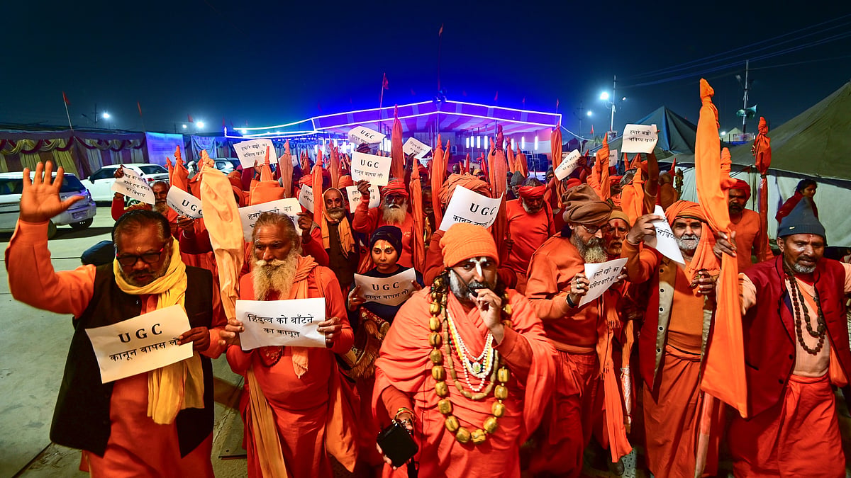 Source : PTI | Representational : A group of 'Ekdandi sadhus' stage a protest against the University Grants Commission's recently notified 'Promotion of Equity in Higher Education Institutions Regulations, 2026', in Prayagraj, Wednesday, Jan. 28, 2026.
