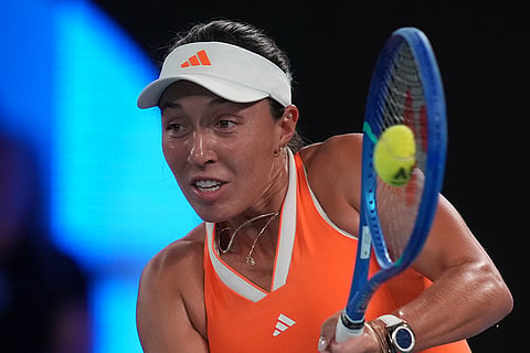 Jessica Pegula of the U.S. plays a backhand return to Elena Rybakina of Kazakhstan during their semifinal match at the Australian Open tennis championship in Melbourne, Australia.