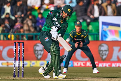 Pakistan's Saim Ayub plays a shot during the first T20 cricket match between Pakistan and Australia, in Lahore, Pakistan.