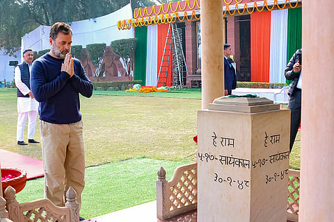 Leader of Opposition in the Lok Sabha and Congress leader Rahul Gandhi pays tribute to Mahatma Gandhi on his death anniversary, commemorated as Martyrs' Day, at Gandhi Smriti, in New Delhi.