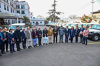 | Photo: @IndiaInNepal/X via PTI  : Charge d'affaires a.i. of India to Nepal Rakesh Pandey with Nepal's Finance Minister Rameshwar Prasad Khanal and other dignitaries during a ceremony to hand over more than 250 SUVs and double-cab pickup vehicles as the second consignment of election-related assistance from India to Nepal. 