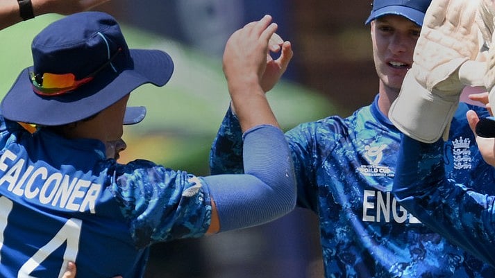 englandcricket/X : England U19 cricketers celebrating a wicket against New Zealand U19 in U19 World Cup