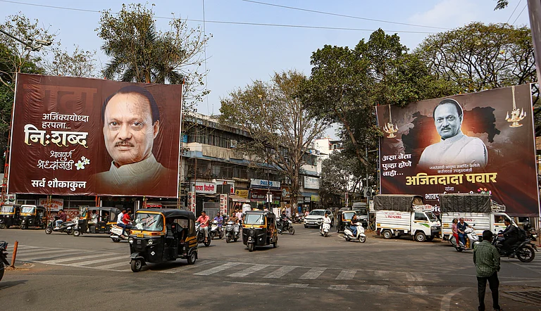 Hoardings put up to pay tribute to late Maharashtra deputy chief minister Ajit Pawar, who was killed in a plane crash near Baramati, in Pune, Friday, Jan. 30, 2026. - null