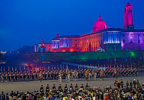 President’s Bodyguard and armed forces personnel at the end of the Beating Retreat ceremony, marking the conclusion of Republic Day celebrations, at Vijay Chowk, in New Delhi. 