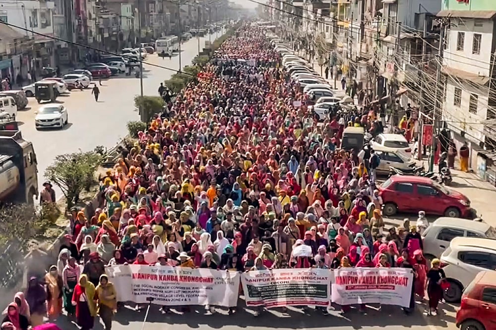 | Photo: PTI : People take part in 'Save Manipur' rally, organised by the Coordinating Committee on Manipur Integrity (COCOMI), to assert their stand that the territorial and administrative integrity of the state cannot be divided at any cost, in Imphal, Manipur.