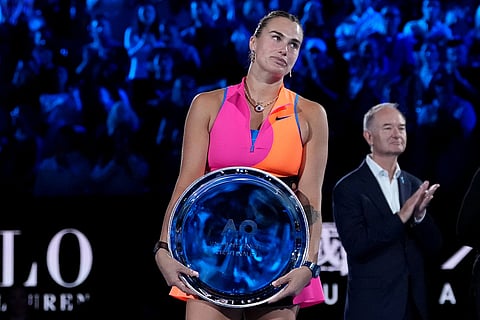Aryna Sabalenka of Belarus reacts after losing her match against Elena Rybakina of Kazakhstan in the women's singles final at the Australian Open tennis championship in Melbourne, Australia.