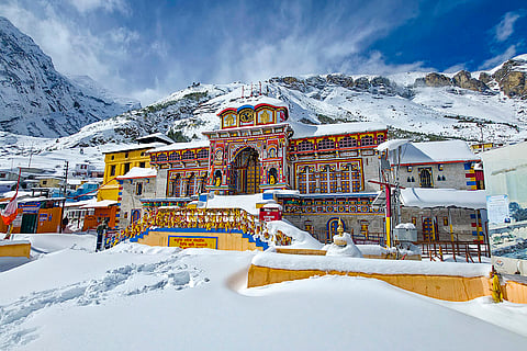 The Badrinath temple covered in snow after fresh snowfall, in Chamoli district, Uttarakhand.