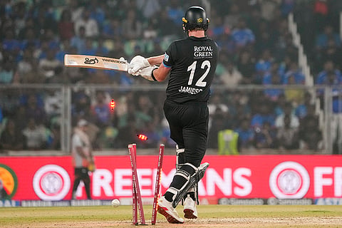 New Zealand's Kyle Jamieson being bowled by India's Arshdeep Singh during the fifth and final T20 International cricket match between India and New Zealand, at the Greenfield International Stadium, in Thiruvananthapuram, Kerala.