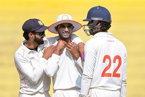 Vidarbha's Yash Kadam, left, Satyam Bhoyar, centre, and Rohit Binkar, during the third day of the Ranji Trophy 2025-26 cricket match between Uttar Pradesh and Vidarbha, at Vidarbha Cricket Association Stadium, in Nagpur, Maharashtra.