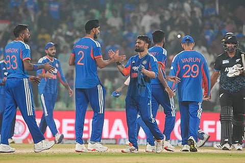 India's players celebrate after winning the fifth and final T20 International cricket match between India and New Zealand, at the Greenfield International Stadium, in Thiruvananthapuram, Kerala.