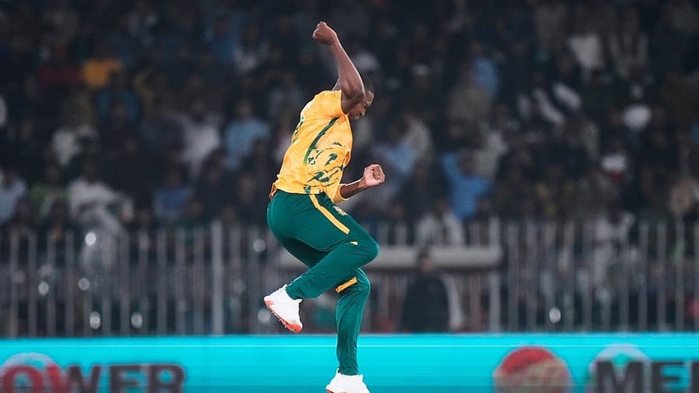 | Photo: AP/Anjum Naveed : South Africa's Lungi Ngidi celebrates after taking the wicket of Pakistan's Hasan Nawaz during the first T20 cricket match between Pakistan and South Africa, in Rawalpindi, Pakistan.