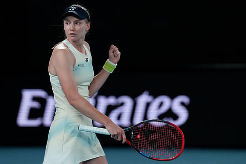 Elena Rybakina of Kazakhstan reacts during her match against Aryna Sabalenka of Belarus in the women's singles final at the Australian Open tennis championship in Melbourne, Australia.