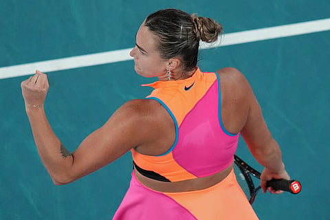 Aryna Sabalenka of Belarus reacts after winning a set against Elena Rybakina of Kazakhstan during the women's singles final at the Australian Open tennis championship in Melbourne, Australia.