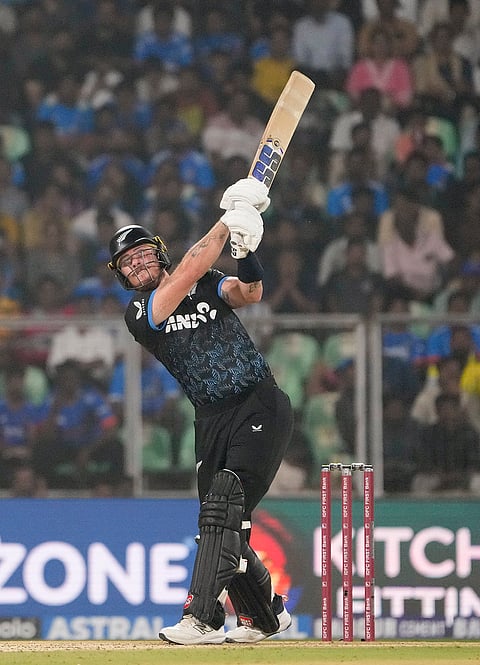 New Zealand's Finn Allen plays a shot during the fifth and final T201 cricket match between India and New Zealand, at the Greenfield International Stadium, in Thiruvananthapuram, Kerala.