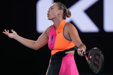 Aryna Sabalenka of Belarus gestures after losing a point to Elena Rybakina of Kazakhstan during the women's singles final at the Australian Open tennis championship in Melbourne, Australia.
