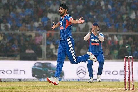 India's Arshdeep Singh celebrates the wicket of New Zealand's captain Mitchell Santner during the fifth and final T201 cricket match between India and New Zealand, at the Greenfield International Stadium, in Thiruvananthapuram, Kerala.