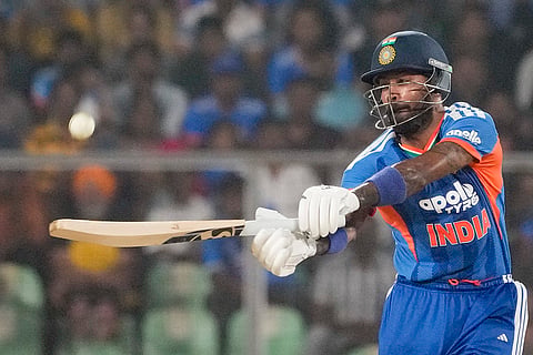 India's Hardik Pandya plays a shot during the fifth and final T201 cricket match between India and New Zealand, at the Greenfield International Stadium, in Thiruvananthapuram, Kerala.