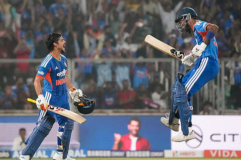 India's Ishan Kishan, left, celebrates his century with Hardik Pandya during the fifth and final T201 cricket match between India and New Zealand, at the Greenfield International Stadium, in Thiruvananthapuram, Kerala.