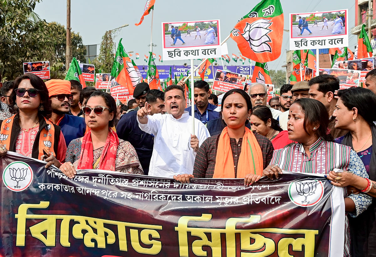 PTI : BJP leader and Leader of Opposition in West Bengal Assembly Suvendu Adhikari leads a protest rally, demanding the arrest of the owners of a city-based popular food chain 'Wow Momo' following the death of several of their labourers in a devastating fire,