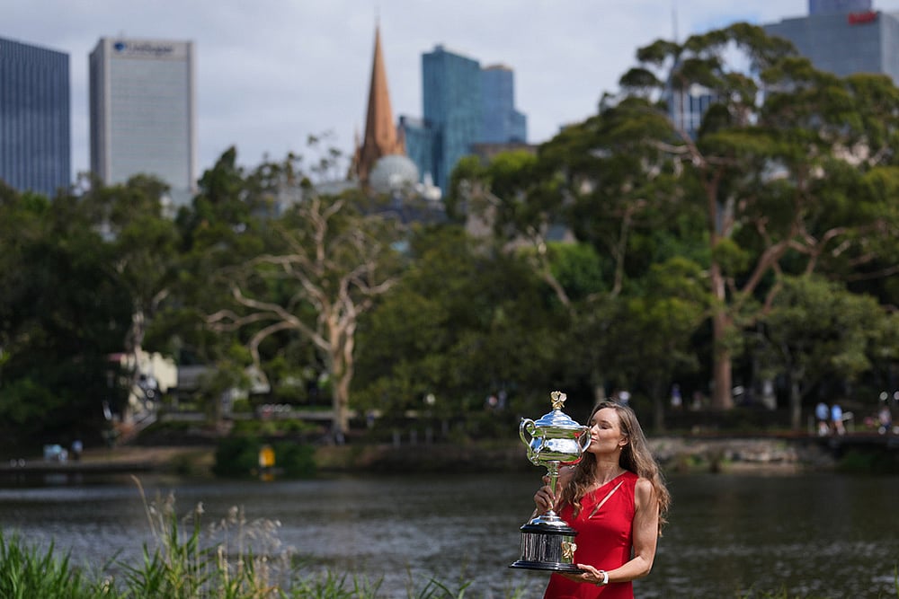 Elena Rybakina of Kazakhstan poses with Daphne Akhurst Memorial Cup