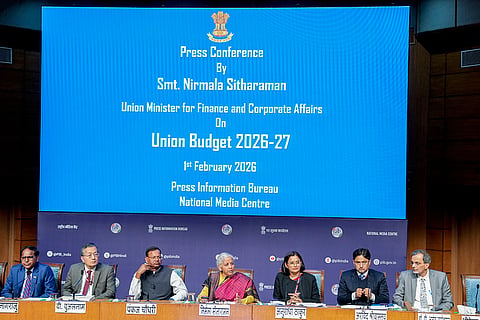 Union Finance Minister Nirmala Sitharaman, Union Minister of State for Finance Pankaj Chaudhary and other officials during a press conference after the presentation of the 'Union Budget 2026-27', in New Delhi.