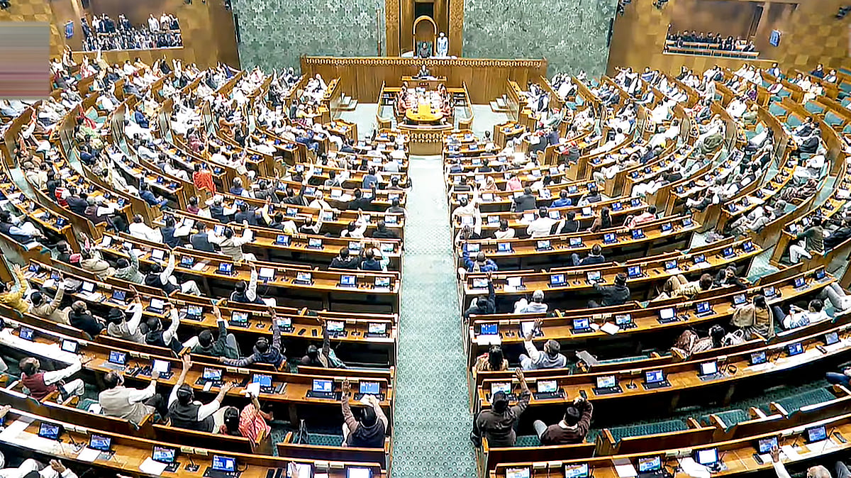 | Photo: Sansad TV via PTI : Proceedings underway in the Lok Sabha during the Budget Session of Parliament, in New Delhi, Sunday, Feb. 1, 2026. 