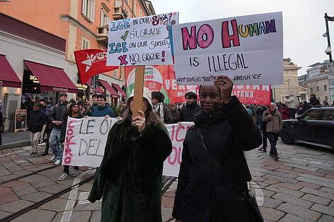 People take part in an Anti-ICE demonstration, ahead of the 2026 Winter Olympics, in Milan, Italy.
