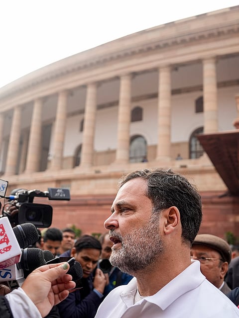 LoP in the Lok Sabha Rahul Gandhi speaks to the media during the Budget session of Parliament, in New Delhi.