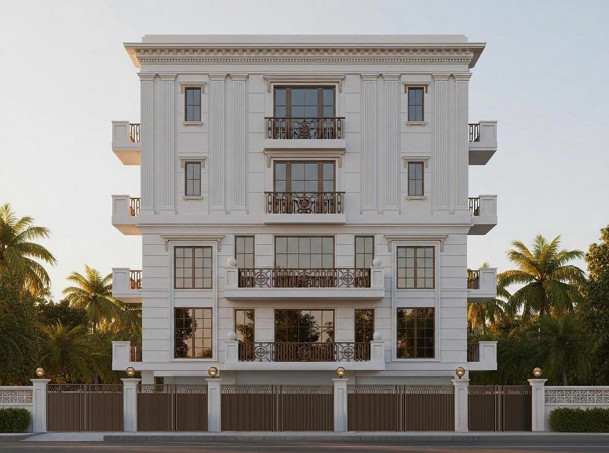 A symmetrical four-story white luxury villa with black iron balconies and large windows.