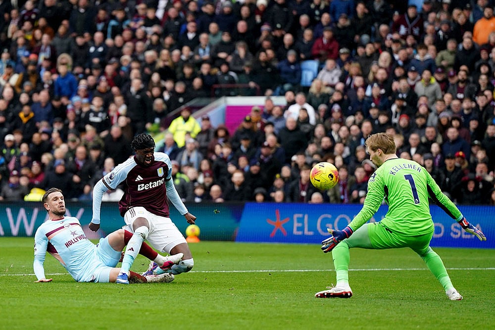 | Photo: Jacob King/PA via AP : Aston Villa's Tammy Abraham has a shot on goal during their English Premier League soccer match against Brentford in Birmingham, England.
