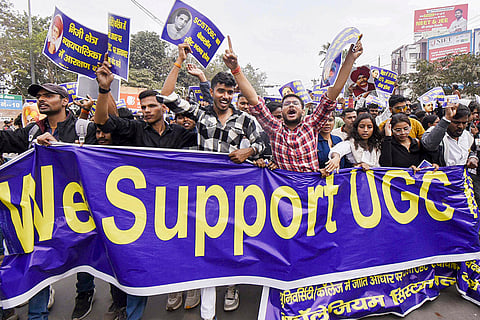 Students of Patna University hold a march in support of the University Grants Commission's 'Promotion of Equity in Higher Education Institutions Regulations, 2026'.