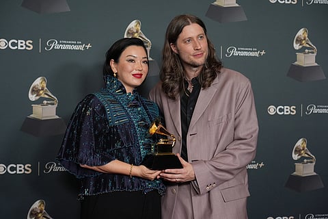 Serena Göransson, left, and Ludwig Göransson, winners of the award for best compilation soundtrack for visual media for "Sinners," pose in the press room during the 68th annual Grammy Awards in Los Angeles. 