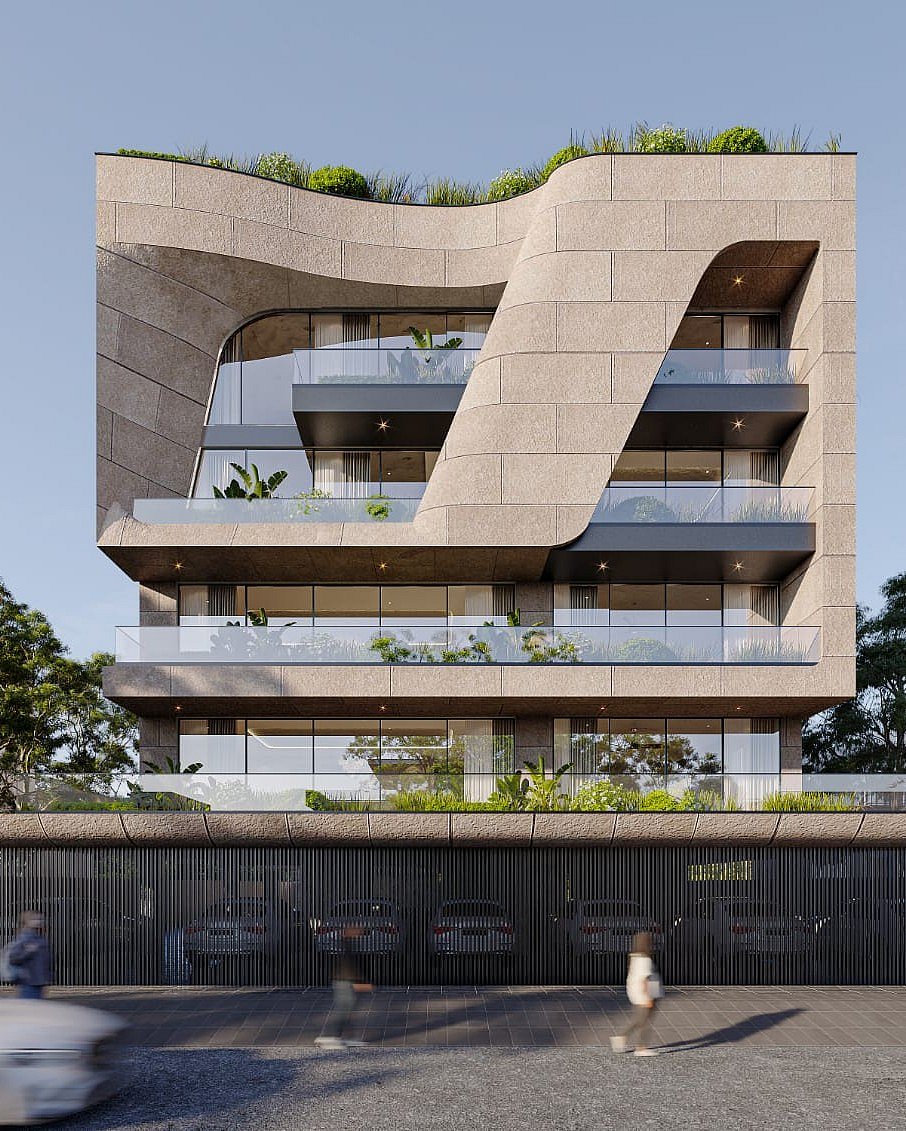 Modern luxury apartment building with unique curved concrete facade and glass balconies.
