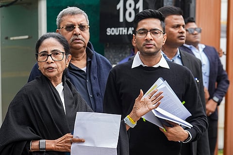 West Bengal CM Mamata Banerjee and TMC MP Abhishek Banerjee, in South Avenue area, New Delhi. Mamata is scheduled to meet Chief Election Commissioner (CEC) Gyanesh Kumar on Monday to discuss the ongoing SIR exercise in West Bengal. 