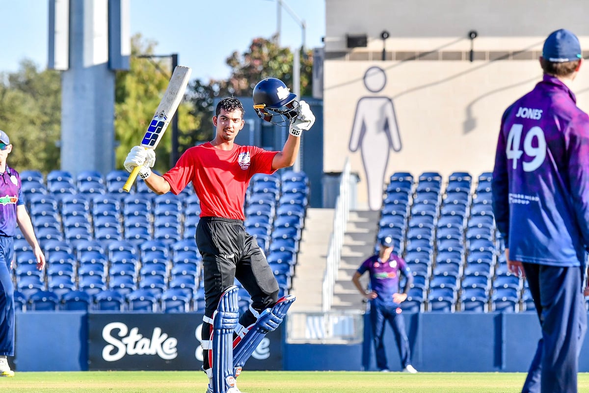 usacricket/X : Sanjay Krishnamurthi celebrating his century for USA. 
