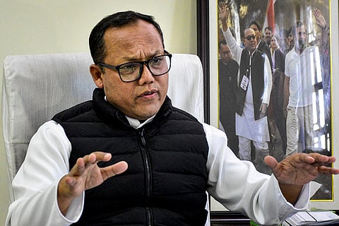Manipur Pradesh Congress Committee President Keisham Meghachandra Singh speaks to the media regarding the Union Budget 2026-27, at Congress Bhavan in Imphal, Manipur.