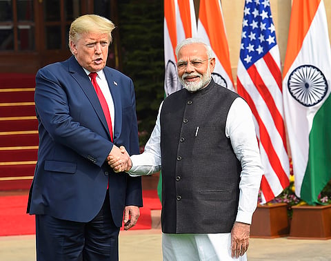 India and the US agreed to a trade deal under which Washington will bring down the reciprocal tariff on Indian goods to 18 per cent from the current 25 per cent, said US President Donald Trump, after a phone conversation with Prime Minister Narendra Modi, on Monday, Feb. 2, 2026. PM Modi, right, with US President Trump, at Hyderabad House, in New Delhi, in this file image dated Feb. 25, 2020. 