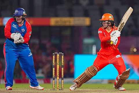 Gujarat Giants' Georgia Wareham plays a shot during the Women's Premier League (WPL) 2026 eliminator T20 cricket match between Gujarat Giants and Delhi Capitals, in Vadodara, Gujarat.