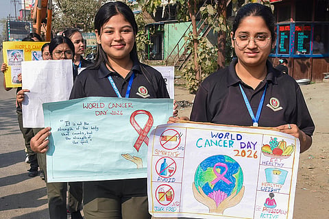 Students take out an awareness rally on the occasion of World Cancer Day, in Guwahati. World Cancer Day aims to raise awareness, promote early detection and encourage cancer prevention. The 2026 theme is 'United by Unique'. 