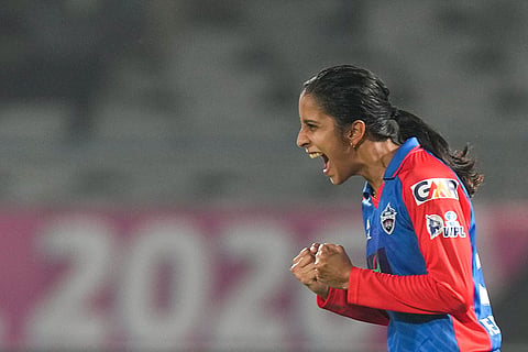 Delhi Capitals' captain Jemimah Rodrigues celebrates after her team's win over Gujarat Giants in the Women's Premier League (WPL) 2026 eliminator T20 cricket match, in Vadodara, Gujarat.