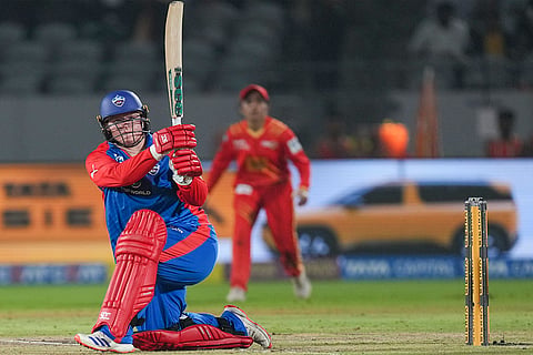 Delhi Capitals' Lizelle Lee plays a shot during the Women's Premier League (WPL) 2026 eliminator T20 cricket match between Gujarat Giants and Delhi Capitals, in Vadodara, Gujarat.