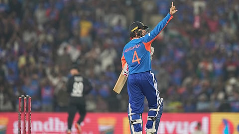 India's Abhishek Sharma celebrates after scoring fifty runs during the first T20 cricket match between India and New Zealand in Nagpur, India, Wednesday, Jan. 21, 2026. 