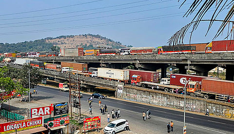 Vehicle in a traffic jam on the Mumbai-Pune Expressway after a gas tanker overturned in the Khandala Ghat section, leaving hundreds of vehicles stranded and causing massive congestion on both carriageways, in Pune.