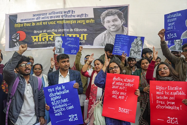Members of All India Students' Association (AISA) raise slogans during a protest demanding the implementation of the UGC Equity Regulations 2026 on preventing caste-based discrimination on campuses, in New Delhi, Saturday, Jan. 31, 2026. The Supreme Court stayed the UGC regulations on Thursday, saying the framework is "prima facie vague". - PTI