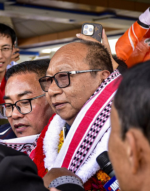 BJP MLA Yumnam Khemchand, who was named leader of the NDA's legislature party, arrived at Imphal Airport ahead of his swearing-in ceremony as the Chief Minister of Manipur.
