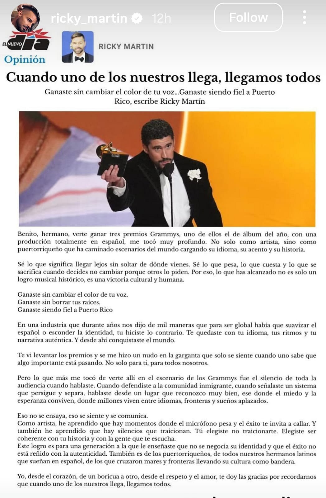 Ricky Martins letter to Bad Bunny