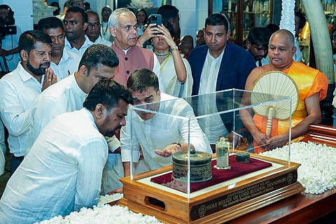 Gujarat Deputy Chief Minister Harsh Sanghavi with Sri Lankan President Anura Kumara Dissanayake after sacred relics of Lord Buddha were brought at Gangaramaya Temple for an exposition, in Colombo, Sri Lanka. Gujarat Governor Acharya Devvrat is also seen. 