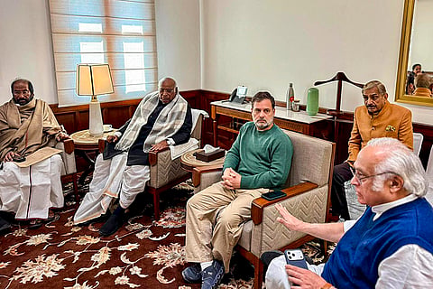 LoP in the Lok Sabha Rahul Gandhi, centre, Congress President Mallikarjun Kharge, second left, Congress MPs Pramod Tiwari, second right, and Jairam Ramesh, right, and DMK MP Tiruchi Siva, during a meeting related to the Parliament session, in New Delhi. 