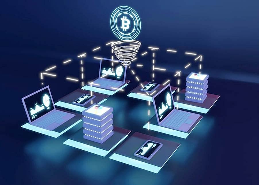 Digital illustration of interconnected laptops and servers under a glowing Bitcoin logo.
