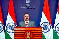 | Photo: PTI : Ministry of External Affairs Spokesperson Randhir Jaiswal speaks during a media briefing, in New Delhi.